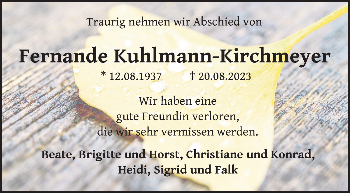 Traueranzeige von Fernande Kuhlmann-Kirchmeyer von WESER-KURIER