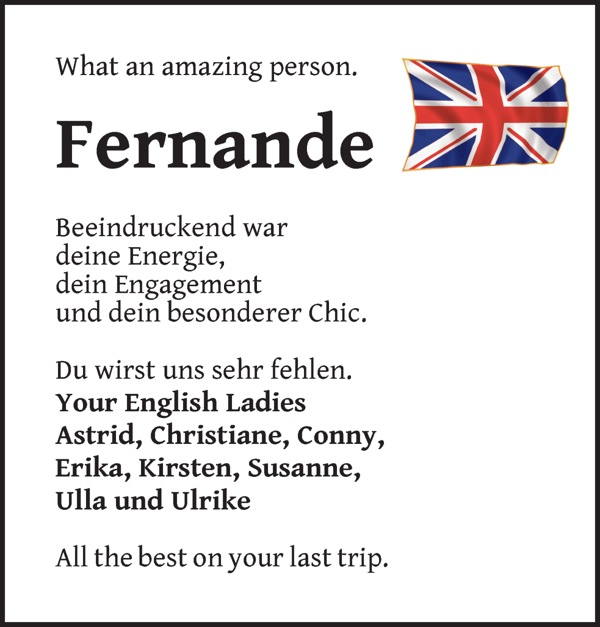 Traueranzeige von Fernande Kuhlmann-Kirchmeyer von Die Norddeutsche