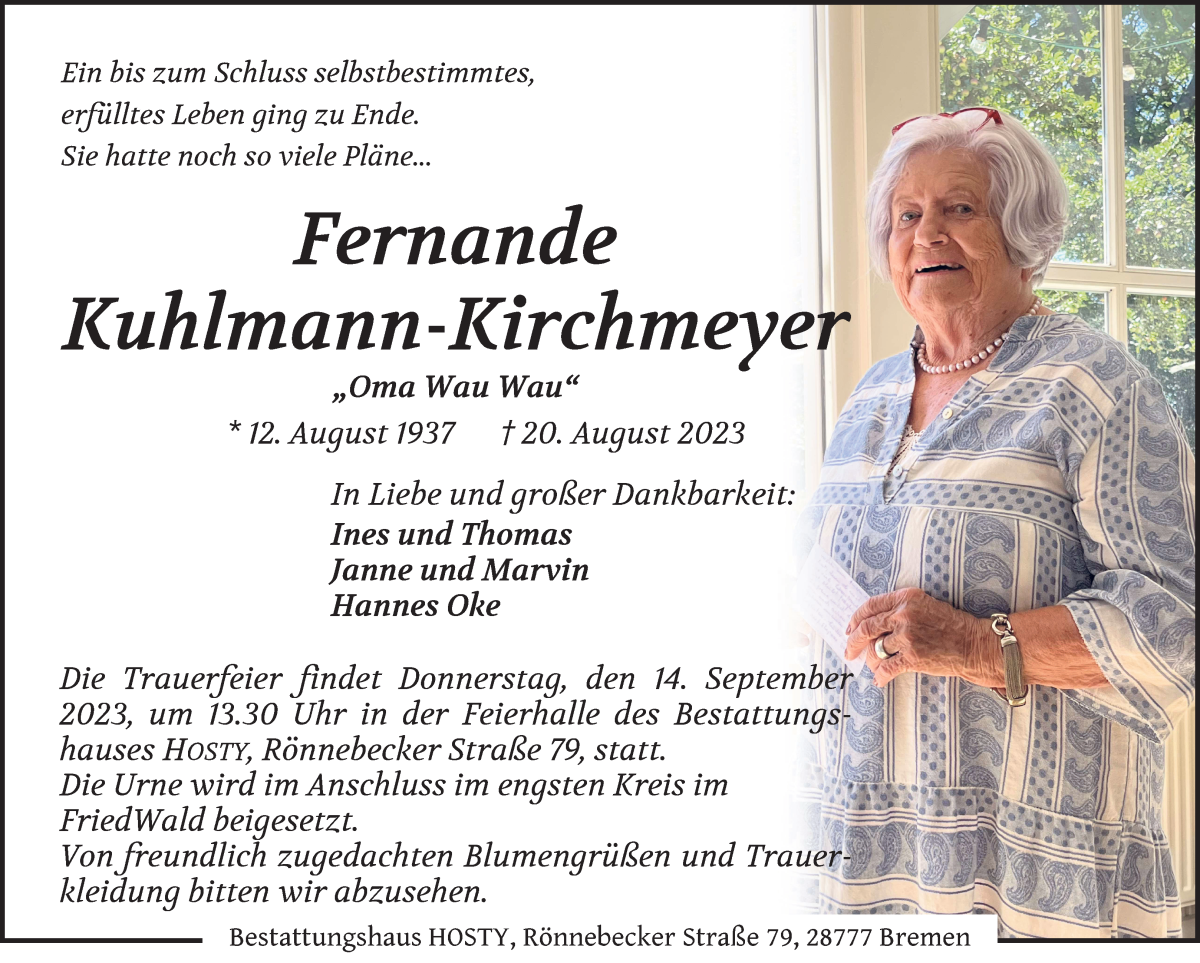 Traueranzeige von Fernande Kuhlmann-Kirchmeyer von WESER-KURIER