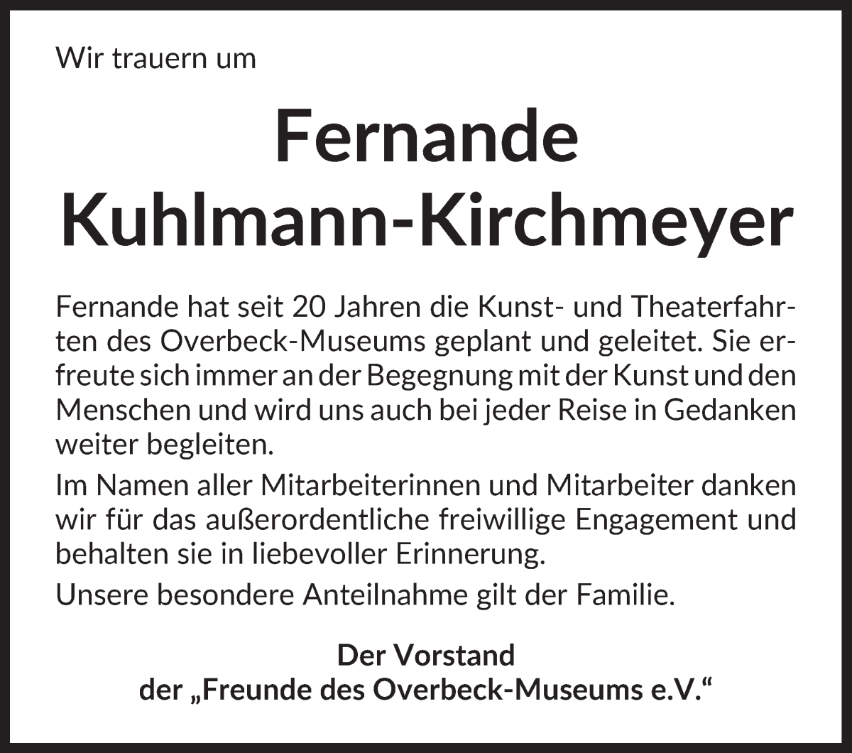 Traueranzeige von Fernande Kuhlmann-Kirchmeyer von Die Norddeutsche