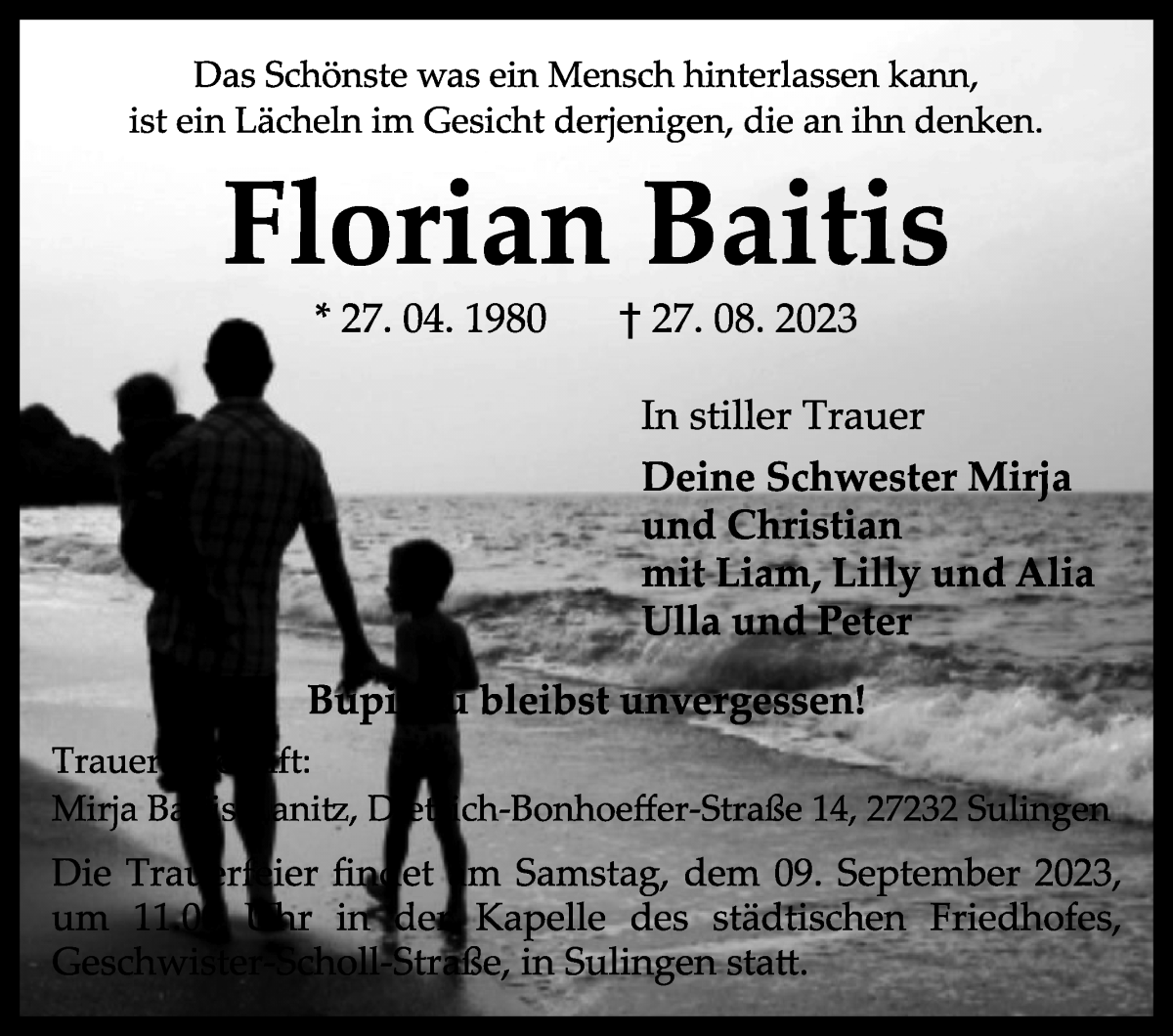 Traueranzeige von Florian Baitis von WESER-KURIER