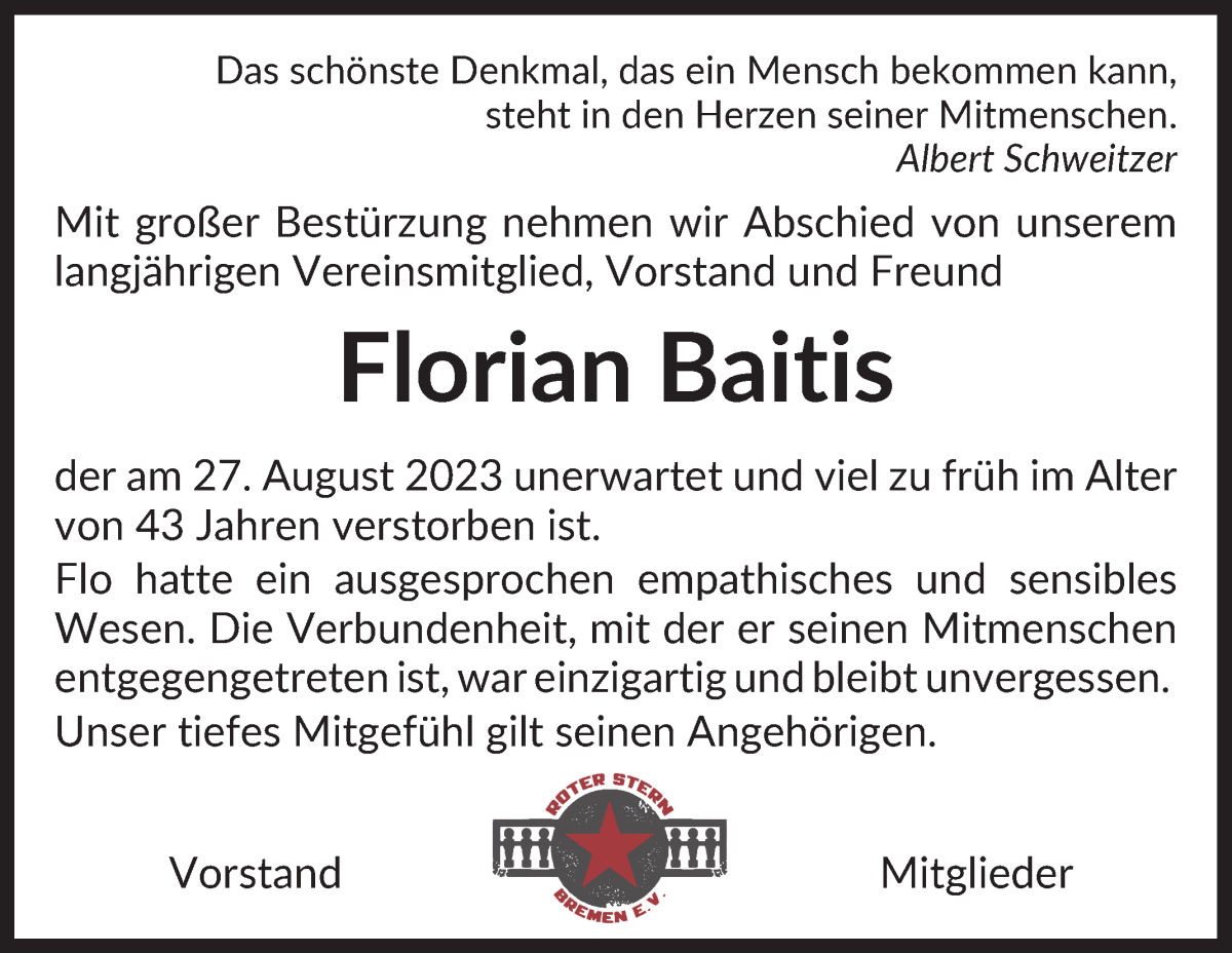 Traueranzeige von Florian Baitis von WESER-KURIER