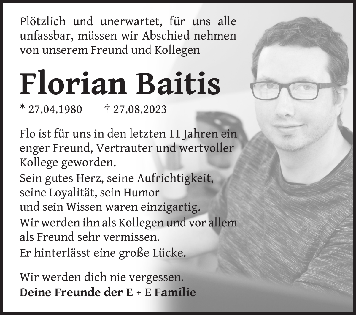 Traueranzeige von Florian Baitis von WESER-KURIER