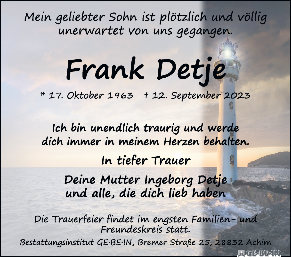 Traueranzeige von Frank Detje von WESER-KURIER