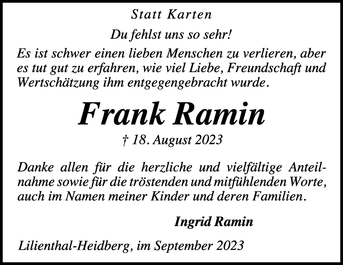 Traueranzeige von Frank Ramin von WESER-KURIER