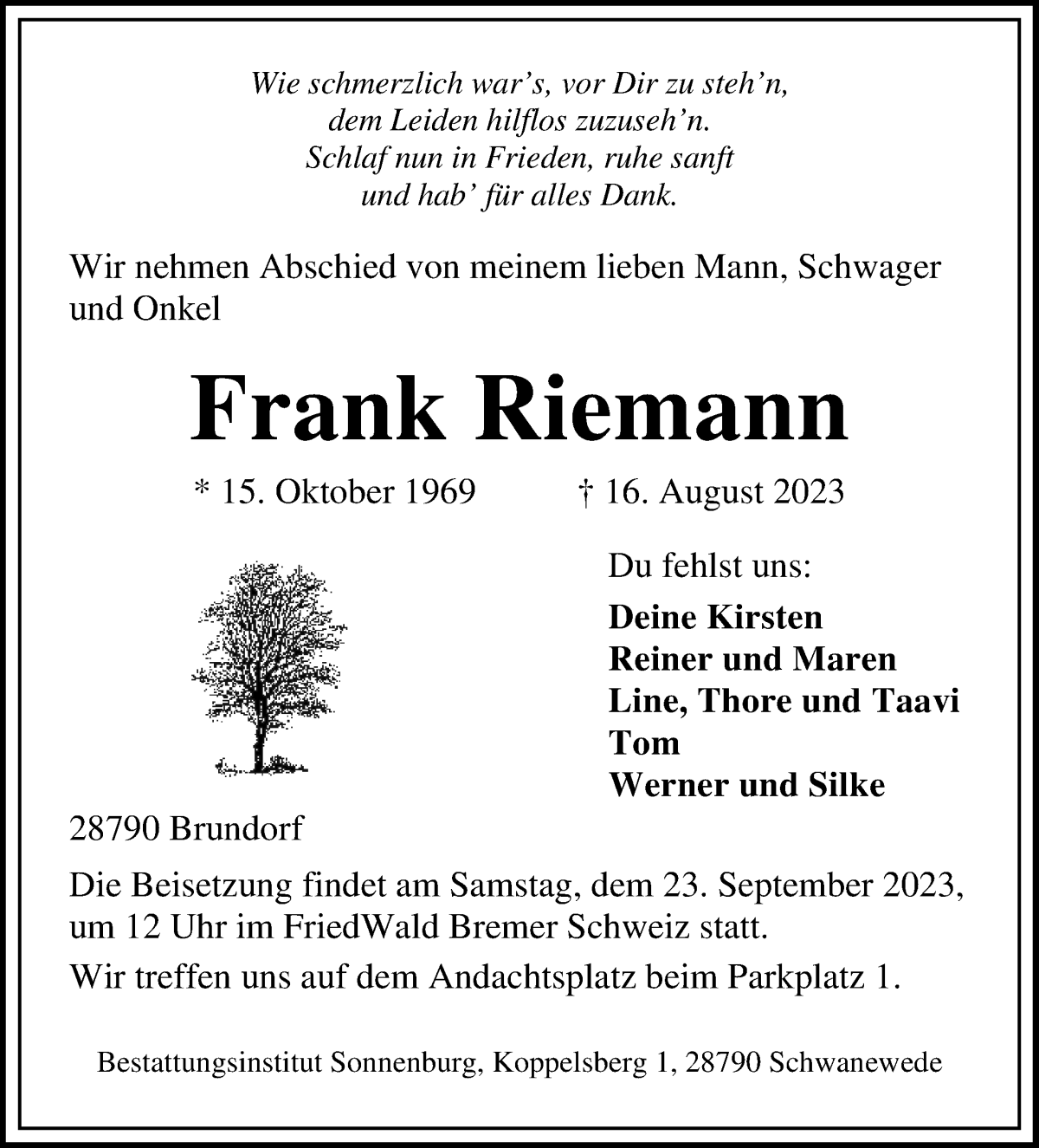 Traueranzeige von Frank Riemann von Osterholzer Kreisblatt