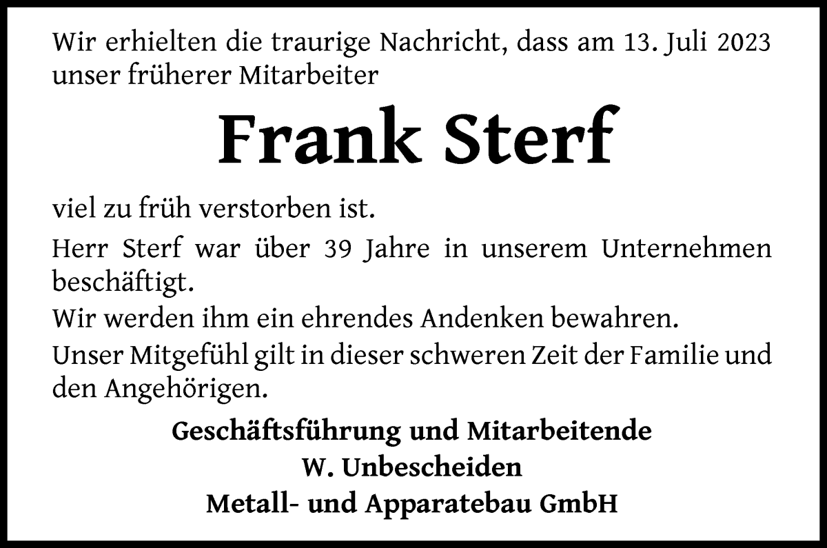 Traueranzeige von Frank Sterf von WESER-KURIER
