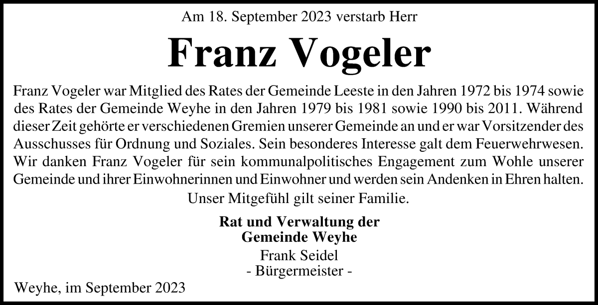 Traueranzeige von Franz Vogeler von Regionale Rundschau/Syker Kurier
