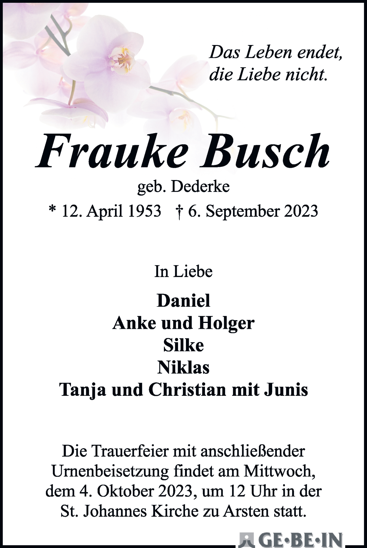 Traueranzeige von Frauke Busch von WESER-KURIER