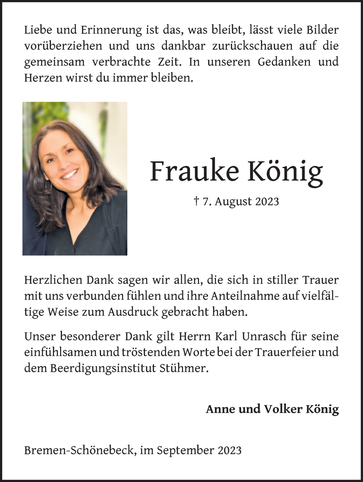 Traueranzeige von Frauke König von WESER-KURIER