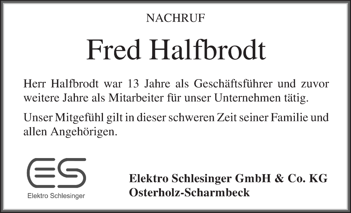 Traueranzeige von Fred Halfbrodt von WESER-KURIER