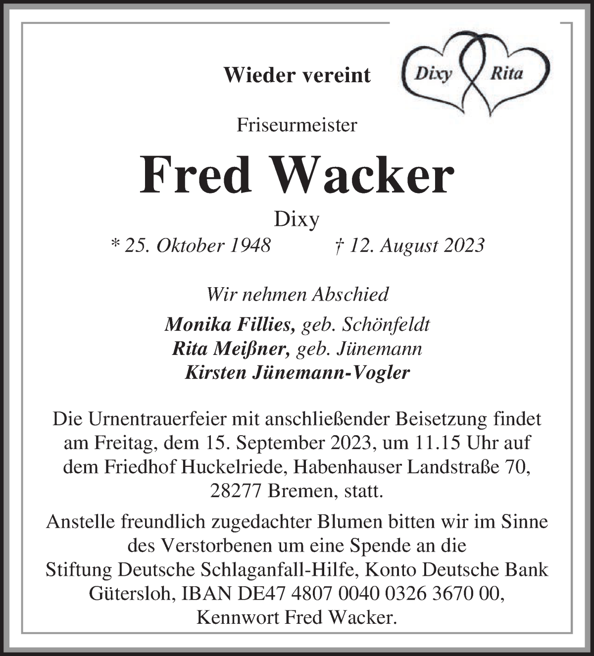 Traueranzeige von Fred Dixy Wacker von WESER-KURIER