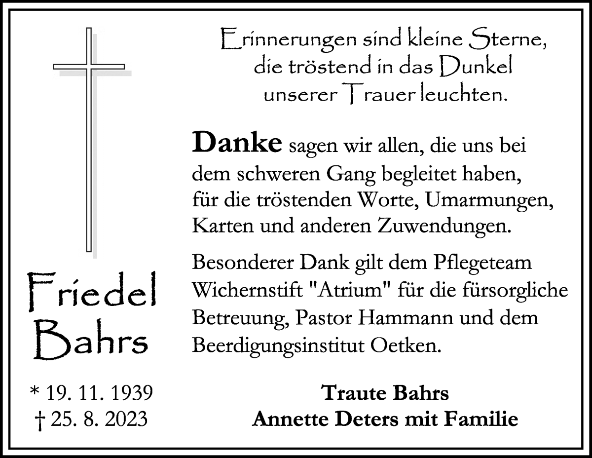 Traueranzeige von Friedel Bahrs von Die Norddeutsche