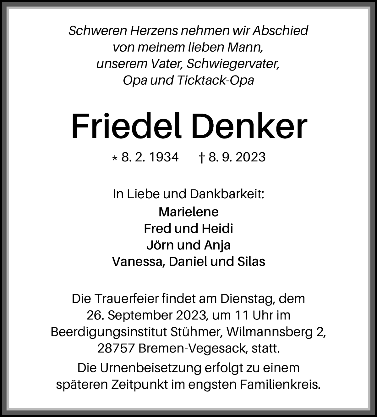 Traueranzeige von Friedel Denker von Die Norddeutsche