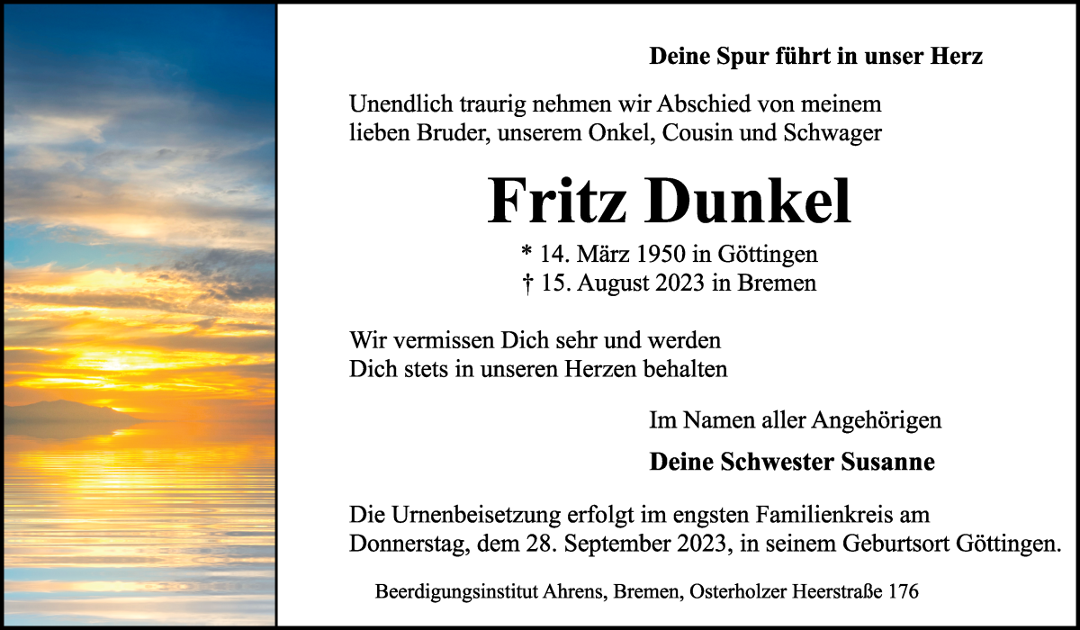 Traueranzeige von Fritz Dunkel von WESER-KURIER