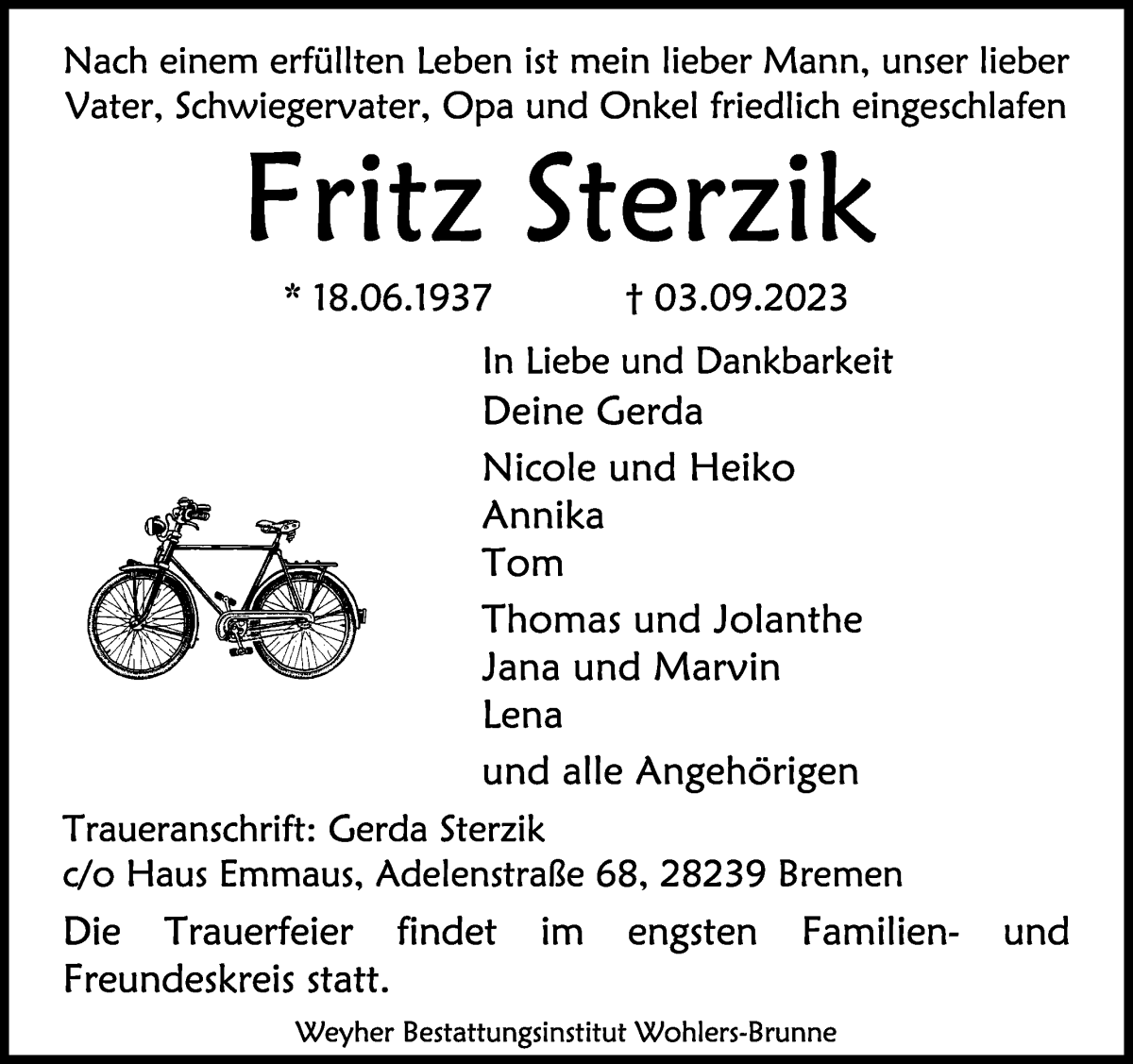 Traueranzeige von Fritz Sterzik von WESER-KURIER