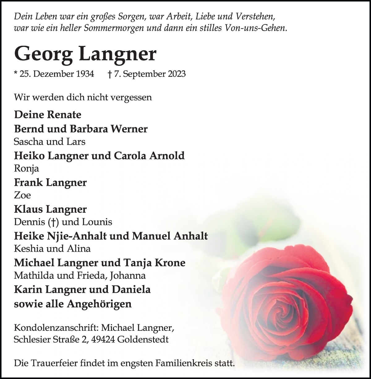 Traueranzeige von Georg Langner von WESER-KURIER