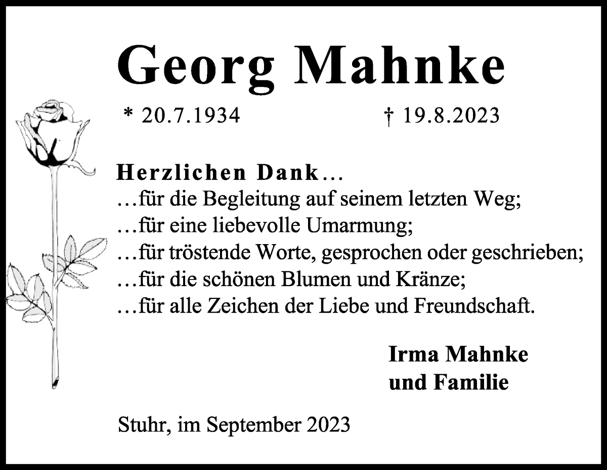 Traueranzeige von Georg Mahnke von WESER-KURIER