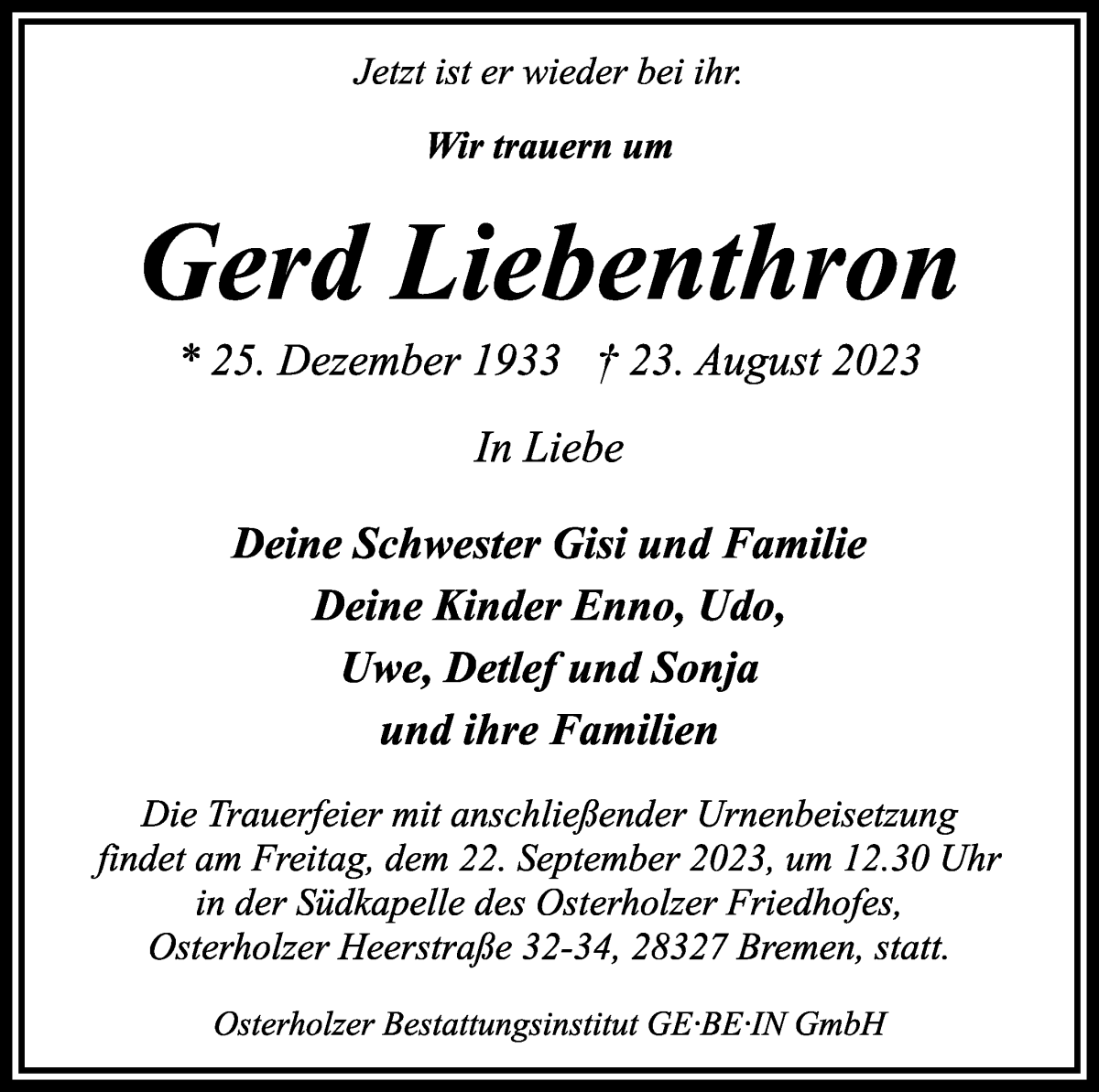 Traueranzeige von Gerd Liebenthron von WESER-KURIER