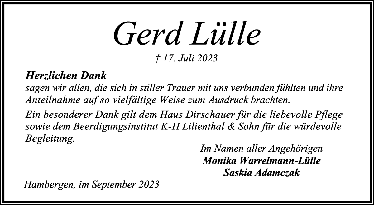 Traueranzeige von Gerd Lülle von Osterholzer Kreisblatt