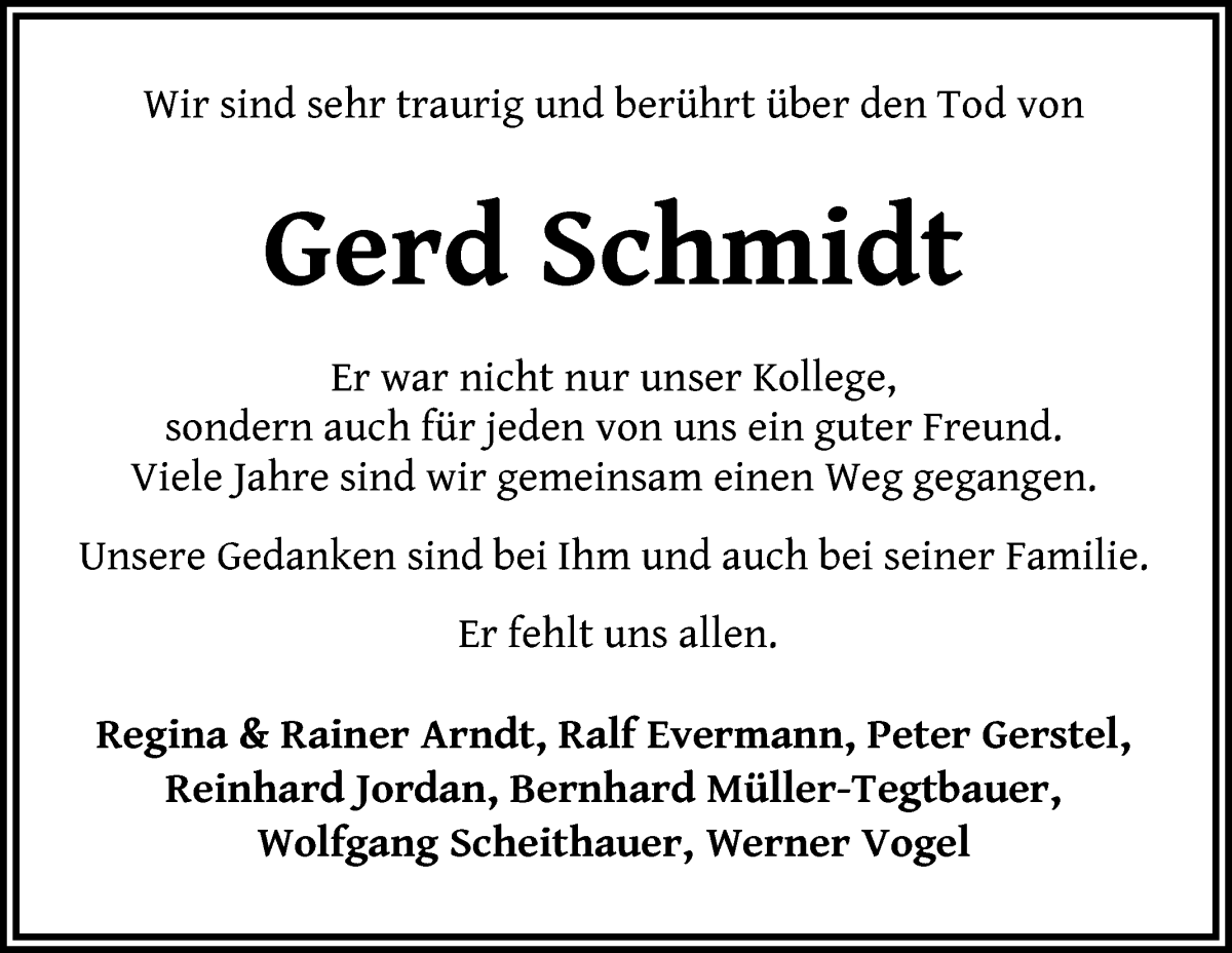 Traueranzeige von Gerd Schmidt von Osterholzer Kreisblatt