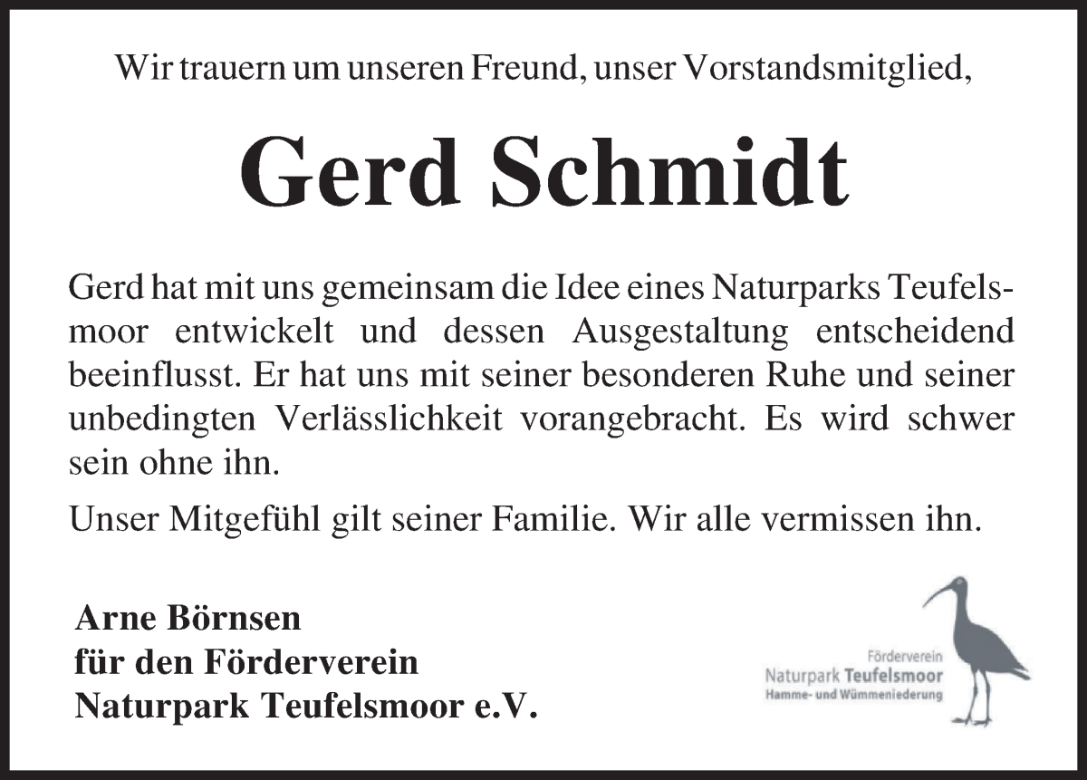 Traueranzeige von Gerd Schmidt von Osterholzer Kreisblatt
