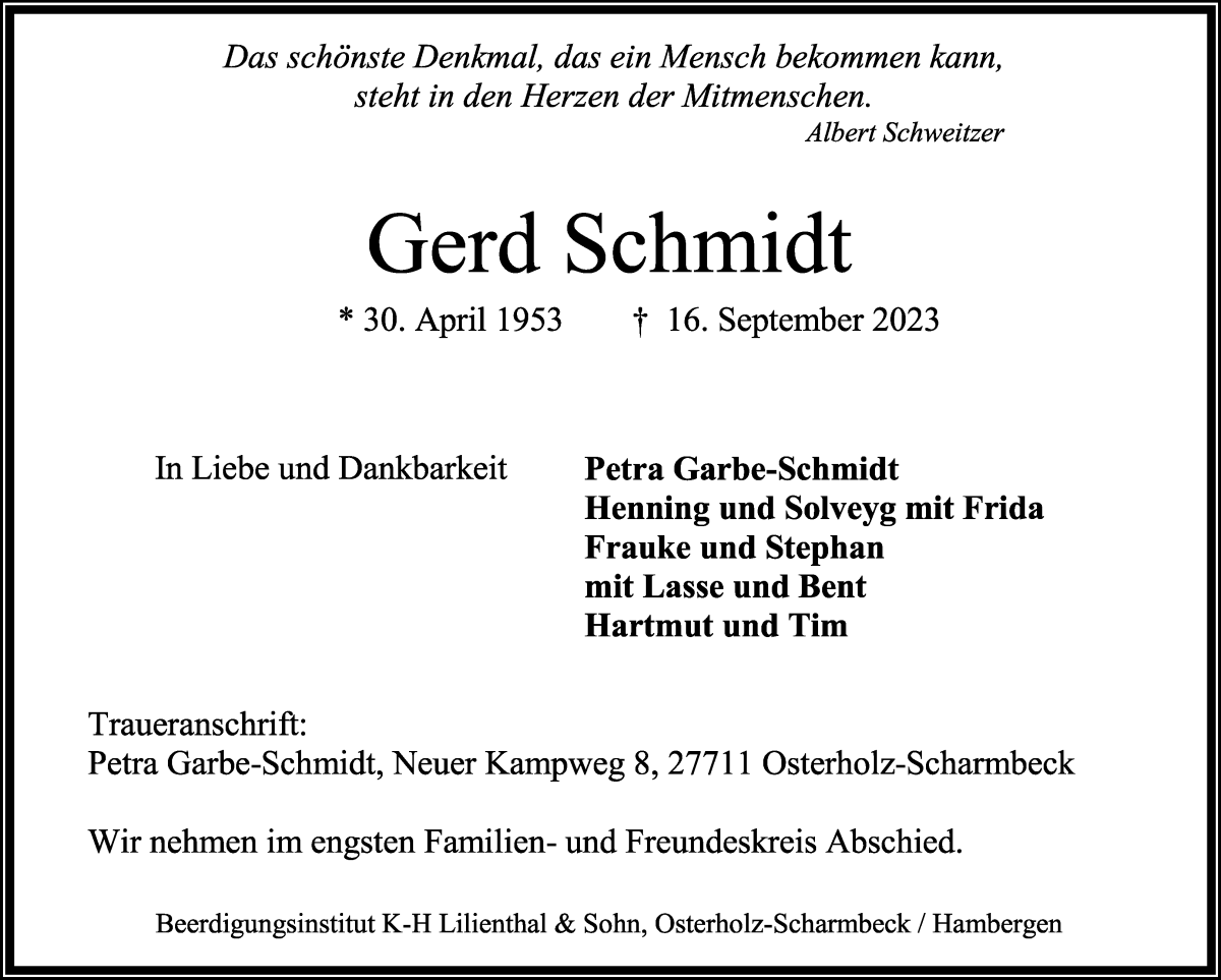 Traueranzeige von Gerd Schmidt von Osterholzer Kreisblatt