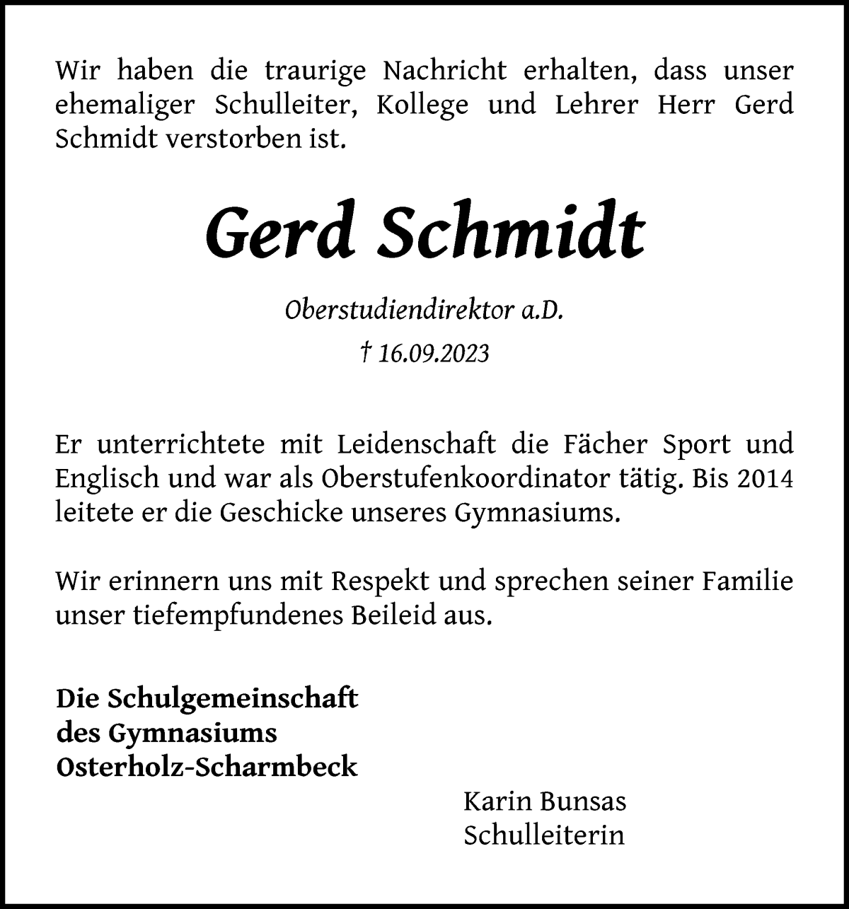Traueranzeige von Gerd Schmidt von Osterholzer Kreisblatt