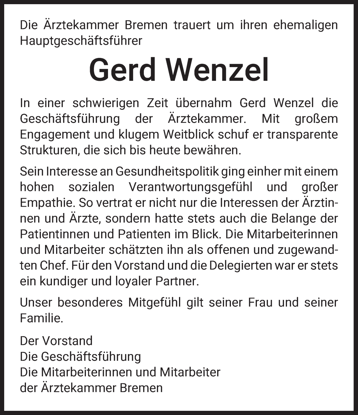 Traueranzeige von Gerd Wenzel von WESER-KURIER
