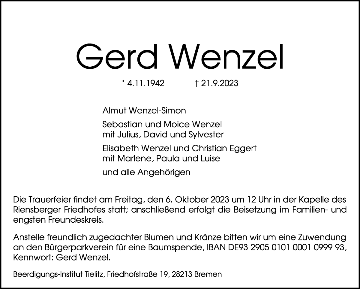 Traueranzeige von Gerd Wenzel von WESER-KURIER
