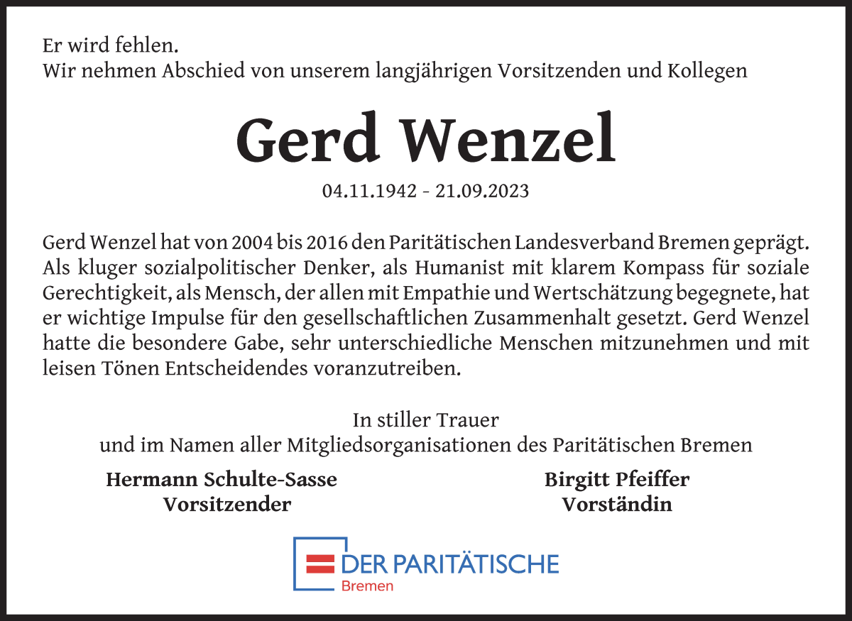 Traueranzeige von Gerd Wenzel von WESER-KURIER