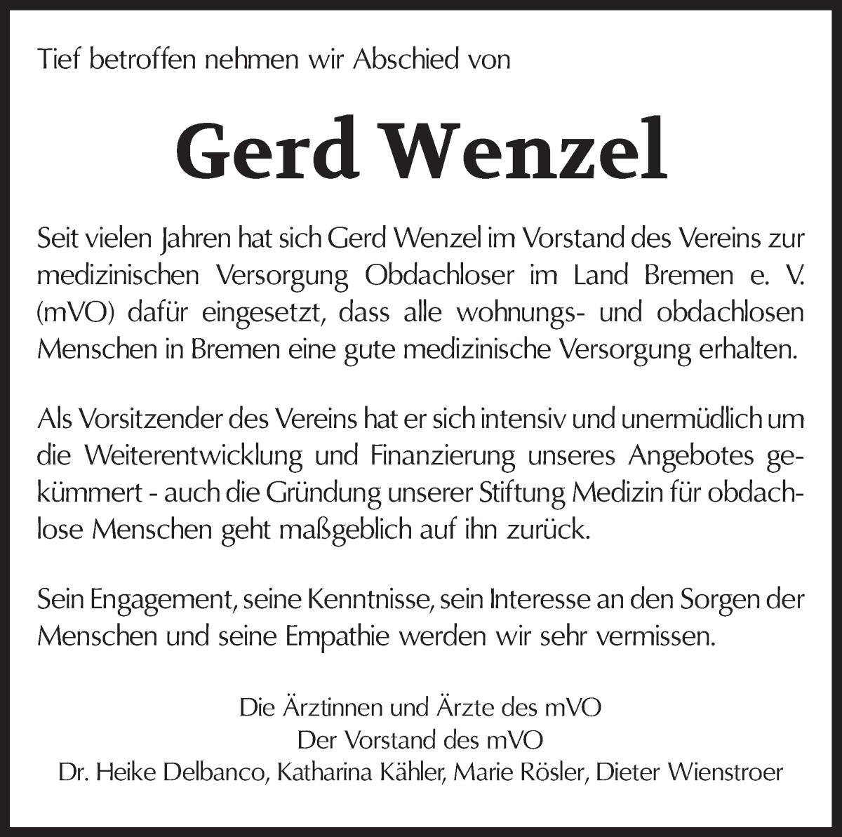 Traueranzeige von Gerd Wenzel von WESER-KURIER
