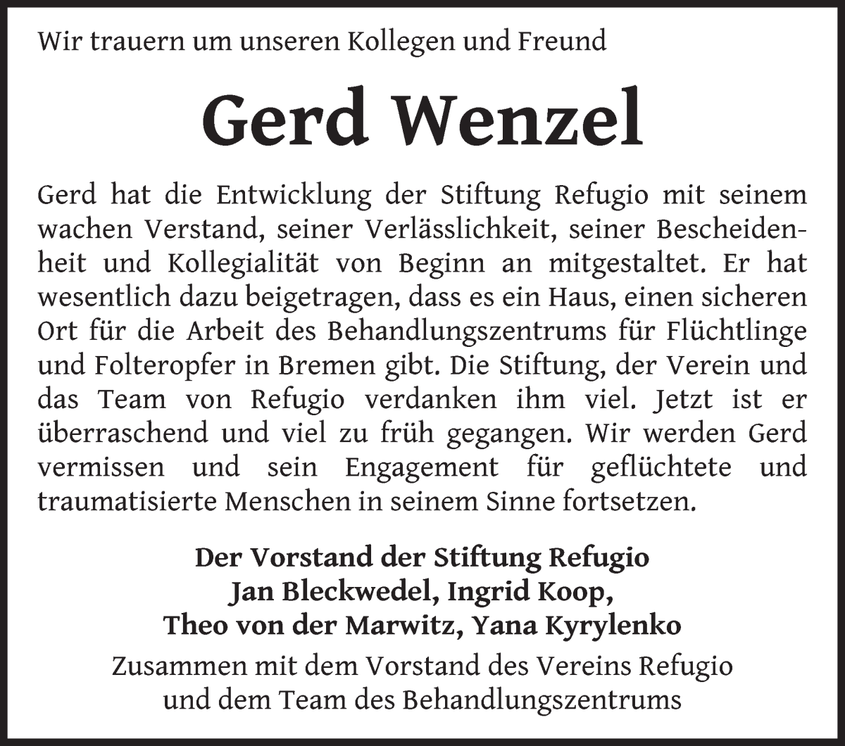 Traueranzeige von Gerd Wenzel von WESER-KURIER