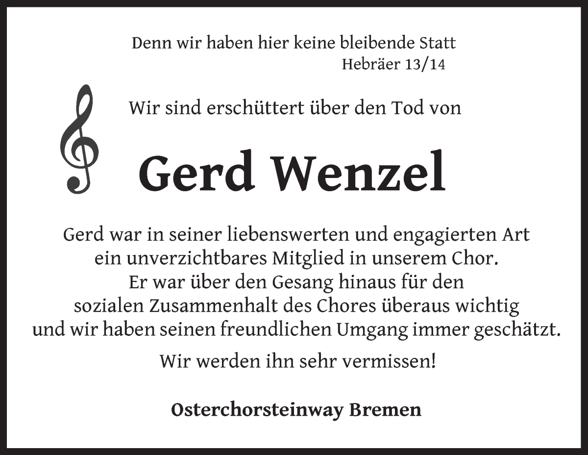 Traueranzeige von Gerd Wenzel von WESER-KURIER