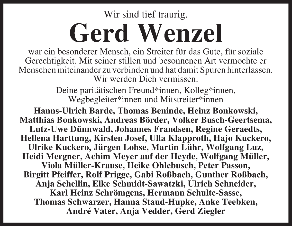 Traueranzeige von Gerd Wenzel von WESER-KURIER