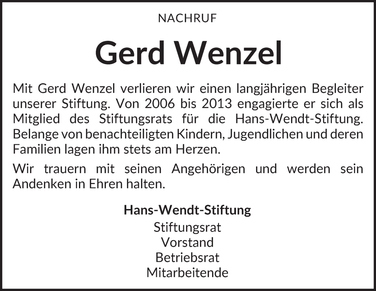 Traueranzeige von Gerd Wenzel von WESER-KURIER
