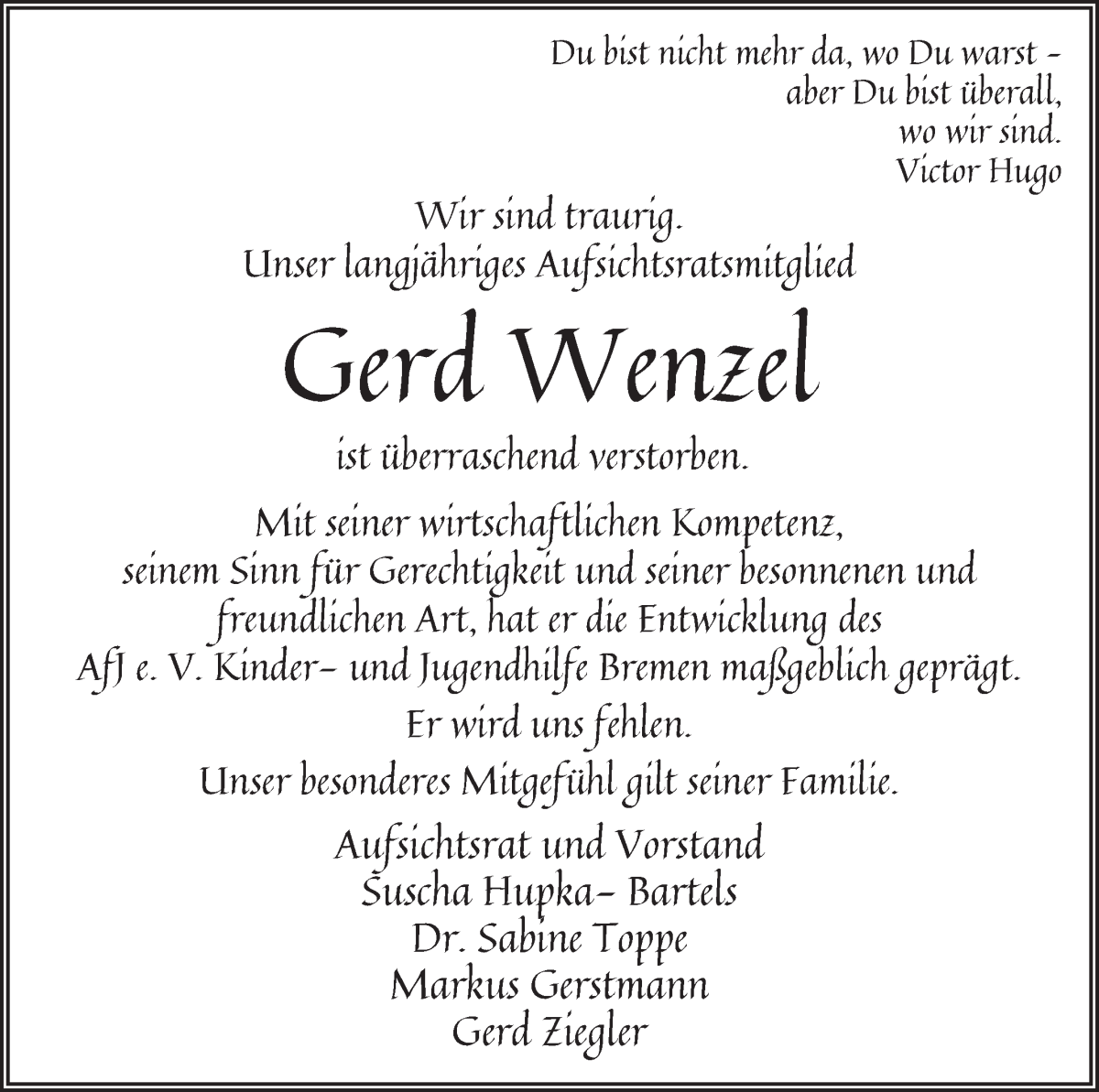Traueranzeige von Gerd Wenzel von WESER-KURIER