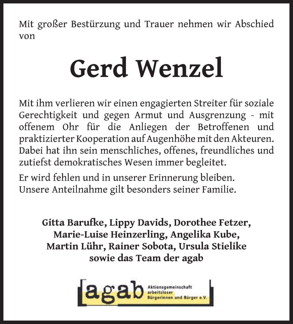 Traueranzeige von Gerd Wenzel von WESER-KURIER