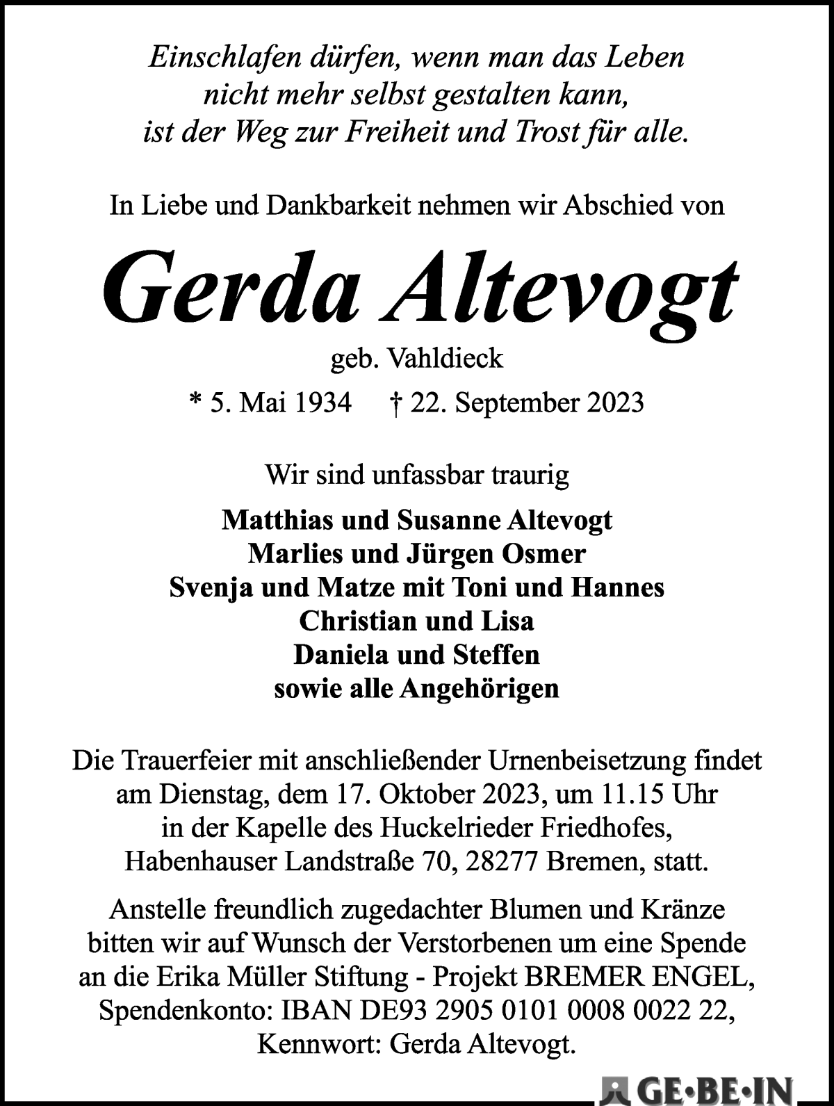 Traueranzeige von Gerda Altevogt von WESER-KURIER