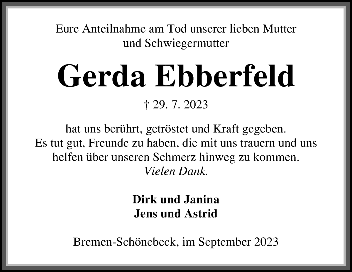 Traueranzeige von Gerda Ebberfeld von Die Norddeutsche