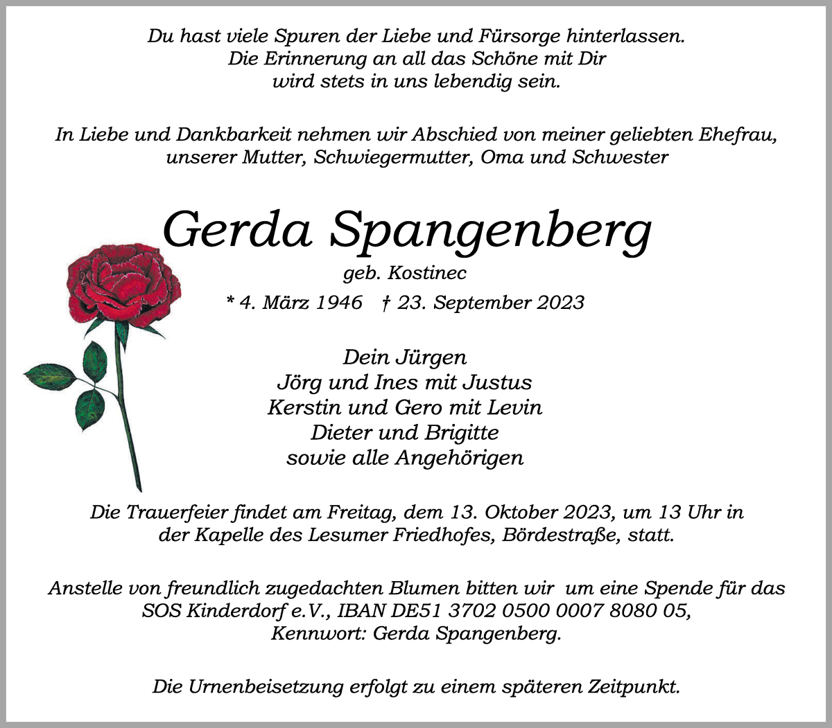 Traueranzeige von Gerda Spangenberg von Die Norddeutsche