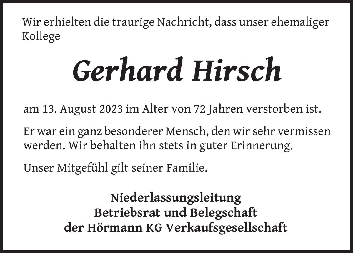 Traueranzeige von Gerhard Hirsch von WESER-KURIER