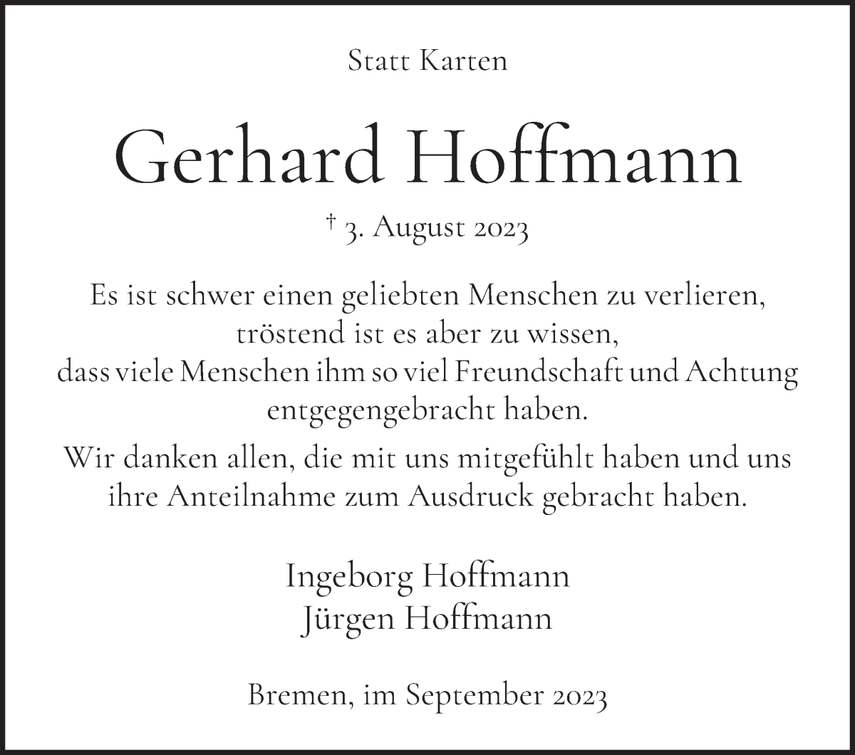 Traueranzeige von Gerhard Hoffmann von WESER-KURIER