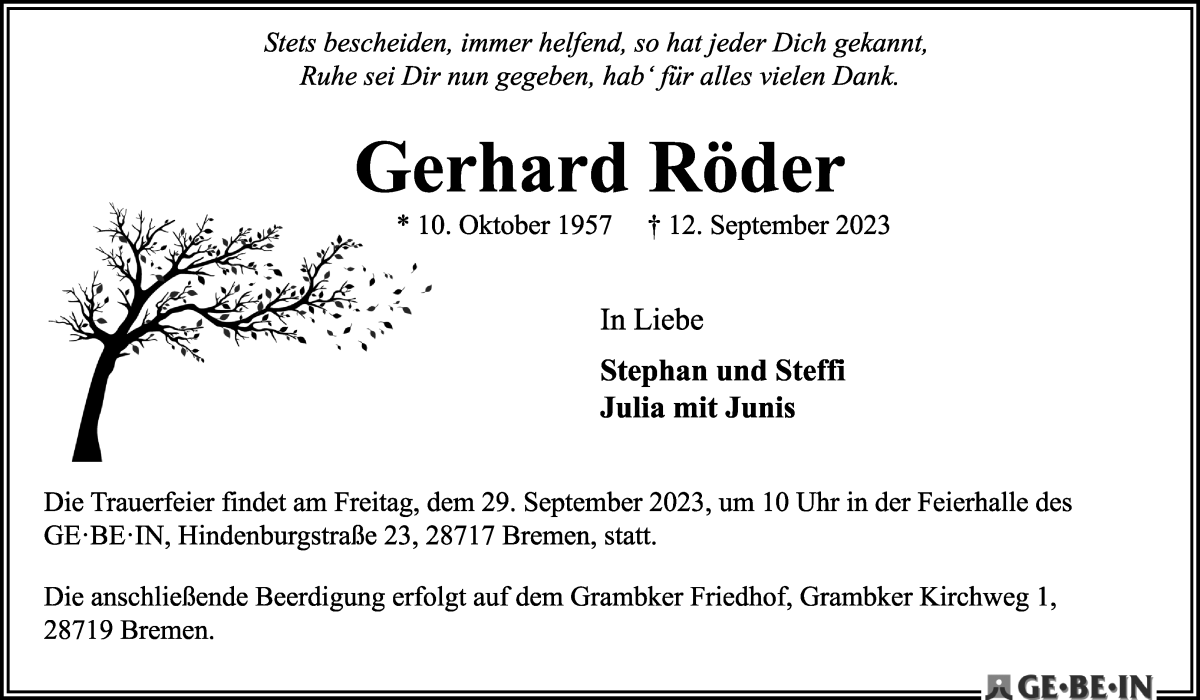 Traueranzeige von Gerhard Röder von WESER-KURIER