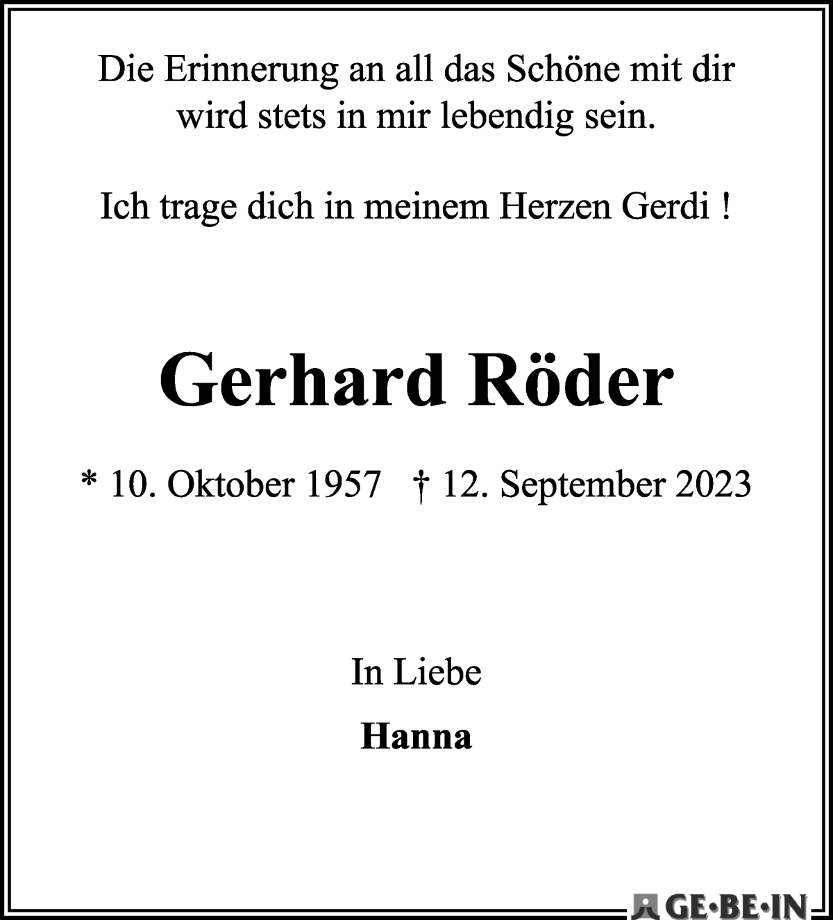 Traueranzeige von Gerhard Röder von WESER-KURIER