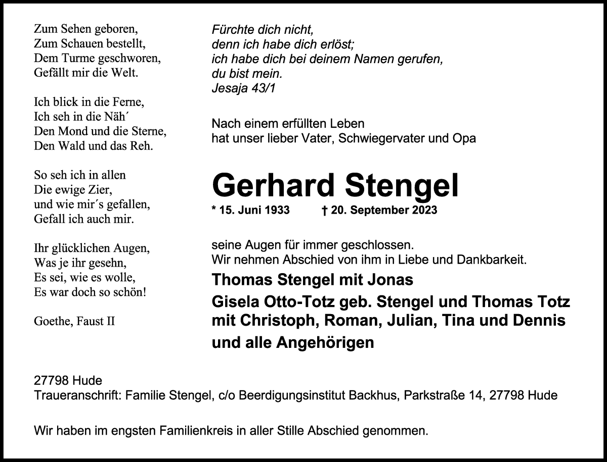 Traueranzeige von Gerhard Stengel von WESER-KURIER