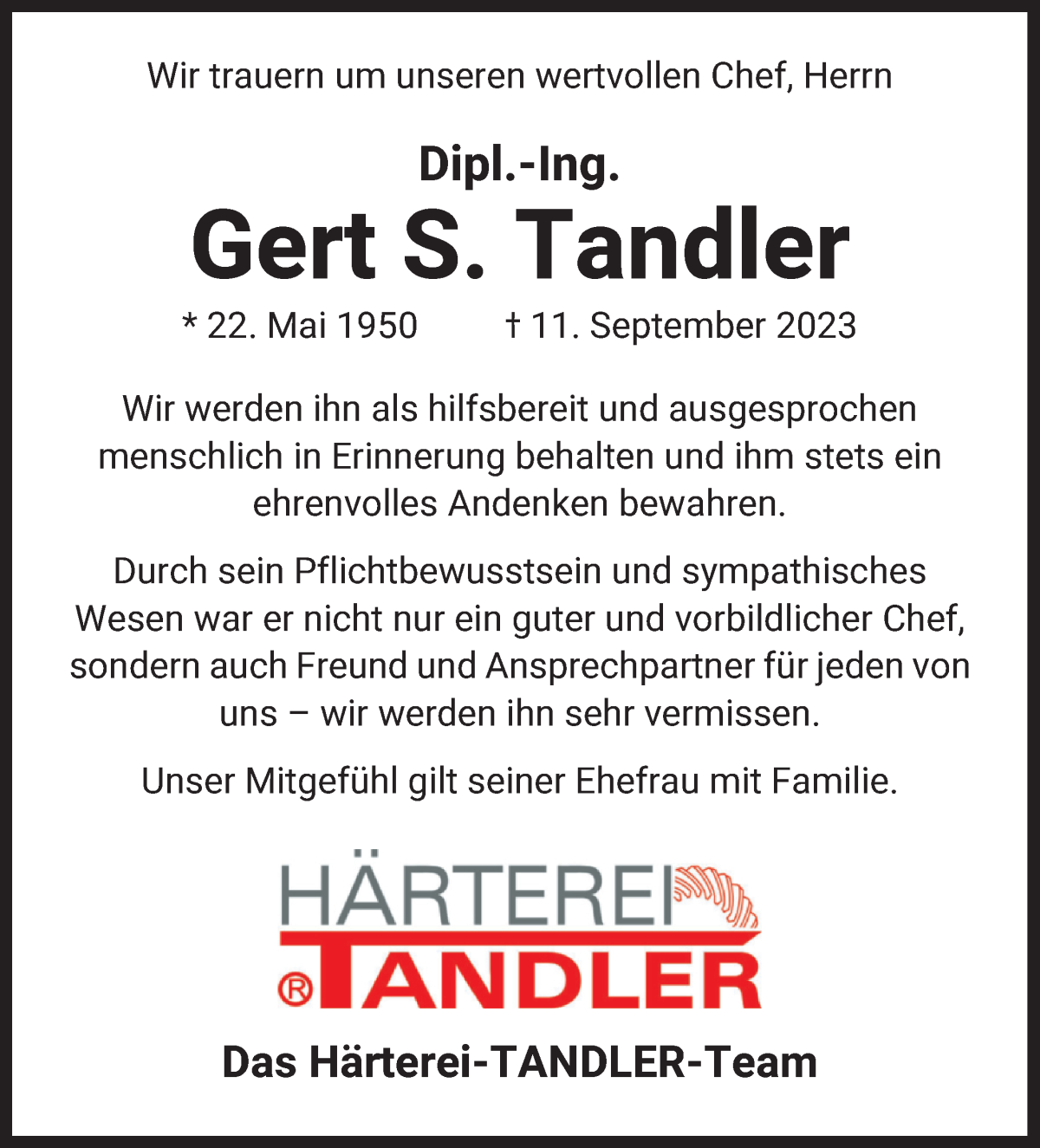 Traueranzeige von Gert Tandler von WESER-KURIER