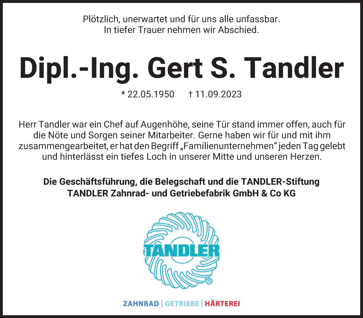 Traueranzeige von Gert Tandler von WESER-KURIER