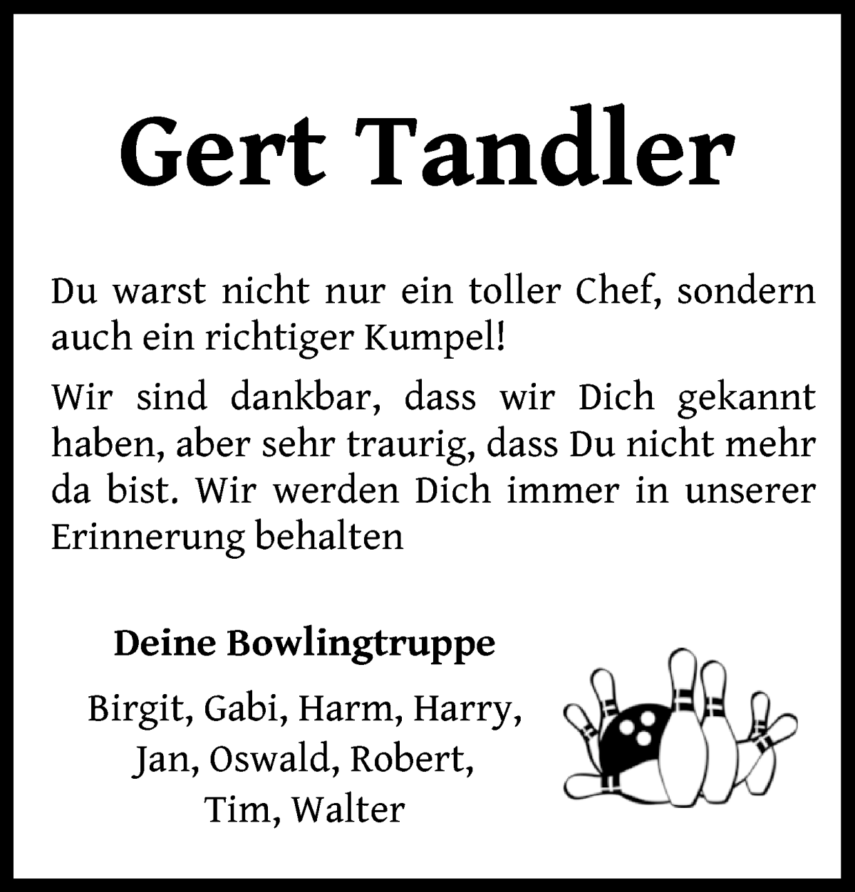 Traueranzeige von Gert Tandler von WESER-KURIER