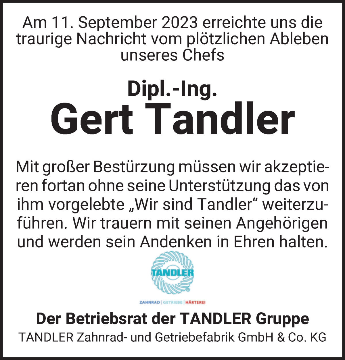 Traueranzeige von Gert Tandler von WESER-KURIER